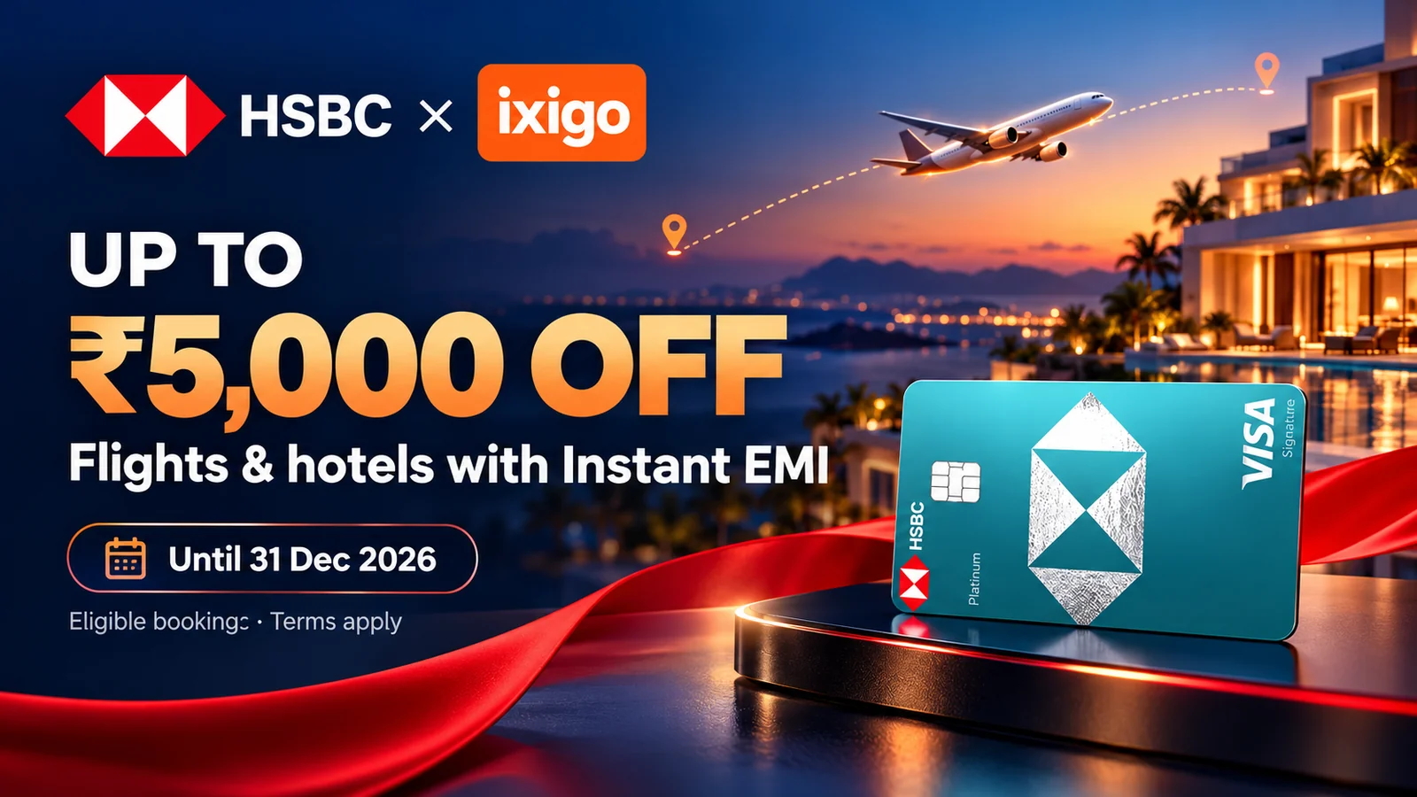 HSBC and ixigo travel offer poster showing the HSBC Platinum card, flights and hotels